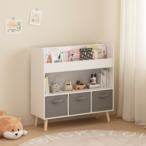 White Gray Kids Bookshelf With 3 Removable Fabric Bins Toy Book Organizer