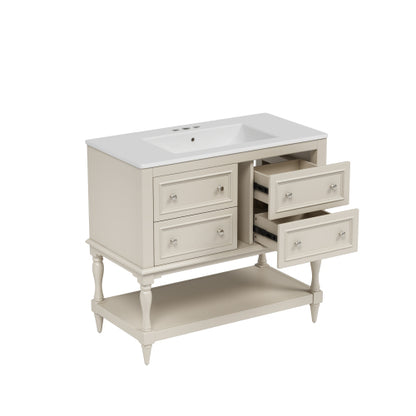 36" Bathroom Vanity Cabinet with Sink Combo Set, Undermount Ceramic Sink, Free Standing Vanity Set with 4 Drawers, Solid Wood Frame Bathroom Cabinet, Beige