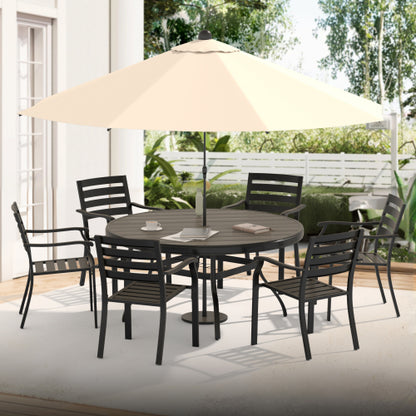 Outdoor Round Patio Dining Table for 6-7, All Weather Metal Dining Table with Umbrella Hole for Deck Lawn Garden Backyard, Black Color
