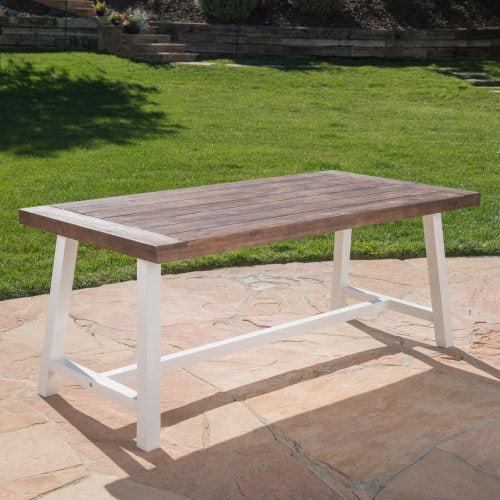 Outdoor Dark Brown Sandblast Finish Acacia Wood Dining Table with White Rustic Metal Finish Frame