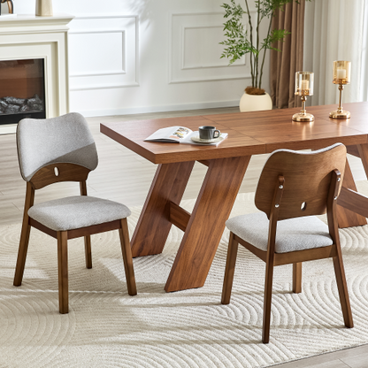 Set of 2 Walnut Solid Wood Dining Chairs, Hollow Out Curved Back Chairs with Gray Fabric