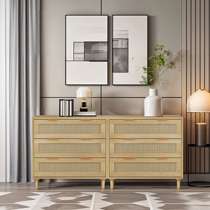 Oak Color 3-Drawer Rattan Storage Cabinet Set of 2 MDF Household Drawer Chest With Iron Handles
