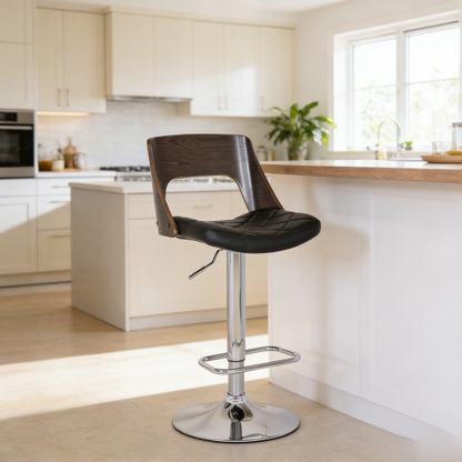 Modern Stylish Wood Back Adjustable Swivel Bar Stool with Diamond Quilted Finish Curved Seat and Back, Weathered Oak