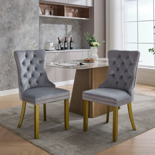 2-Piece Modern Tufted Velvet Dining Chairs, Milky White Upholstered Chairs with Solid Golden Wood Legs & Nailhead Trim, 280lbs Capacity