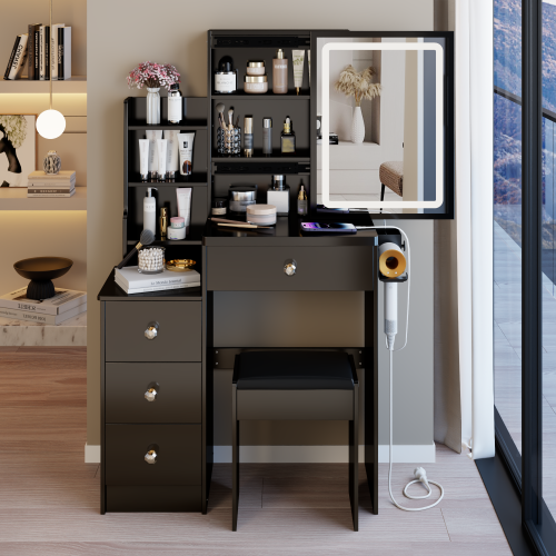 29.2" Small Size Left Bedside Cabinet Vanity Table + Cushioned Stool, 2 AC+2 USB Power Station, Hair dryer bracket, Extra Large Touch Control Sliding LED Mirror, Tri-color Switching, Brightness Adjust