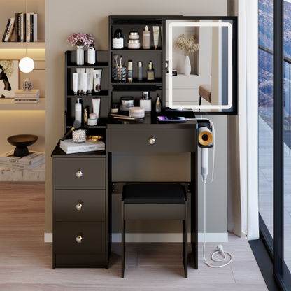 29.2" Small Size Left Bedside Cabinet Vanity Table + Cushioned Stool, 2 AC+2 USB Power Station, Hair dryer bracket, Extra Large Touch Control Sliding LED Mirror, Tri-color Switching, Brightness Adjust