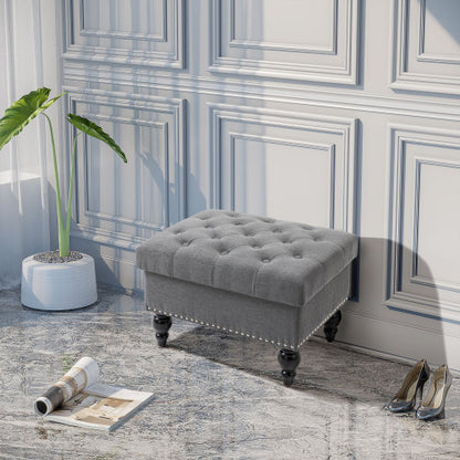 Gray Button Tufted Storage Ottoman Bench with Wood Legs, Removable Lid Footrest Seat for Living Room Bedroom