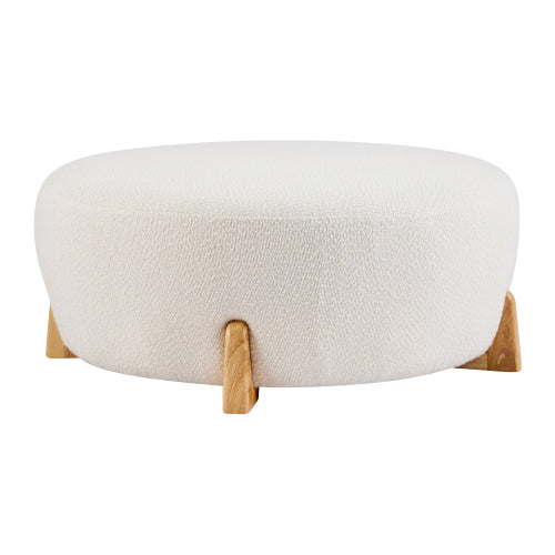 Round Boucle Ottoman, White Upholstered Footrest with Splayed Solid Rubber Wood Legs, Multifunctional Accent Stool