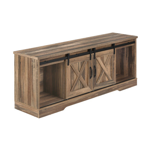 60 Inch Reclaimed Brown Farmhouse TV Console with Sliding Barn Doors & Multi Storage Zones