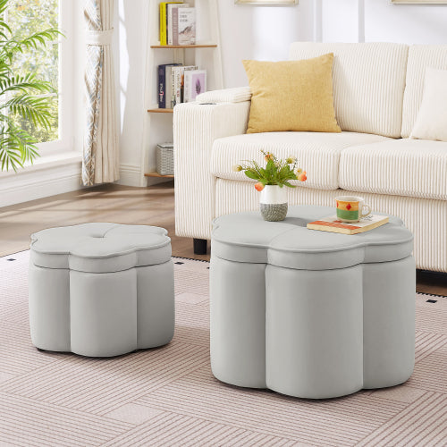 Set of 2 Gray Velvet Flower Shaped Nesting Storage Ottoman, 6-Petal Petal Upholstered Foot Stool for Living Room & Entryway