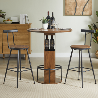 3-Piece Bar Table and Stool Set 31.5-inch round bar table with two stools Compact wooden dining bar with metal ring footrest Ideal for restaurants, cafes, bars, living rooms, and small spaces,Walnut