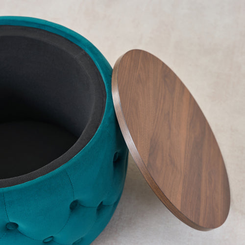 Blue 2-Piece Velvet Nesting Storage Ottoman Set, 4-in-1 Round Foot Stool with Wooden Tray, Ready to Use