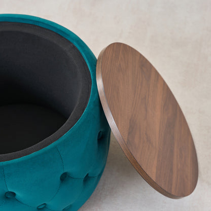 Blue 2-Piece Velvet Nesting Storage Ottoman Set, 4-in-1 Round Foot Stool with Wooden Tray, Ready to Use