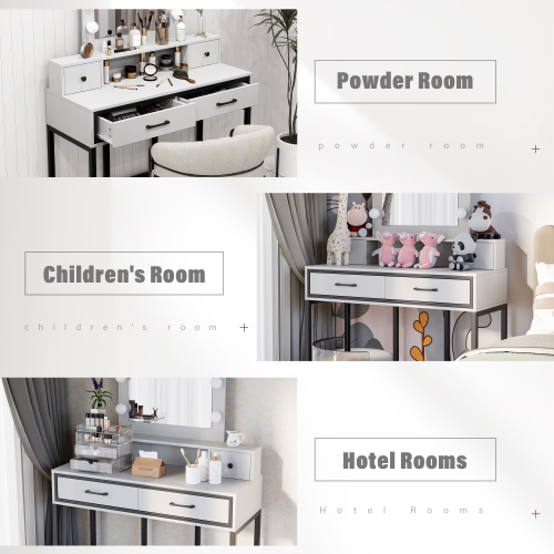 Brown Vanity Desk with Hollywood Mirror & Lights, 3 Color Dimmable 10 Brightness Levels, 4 Drawers, Large Dressing Table, White