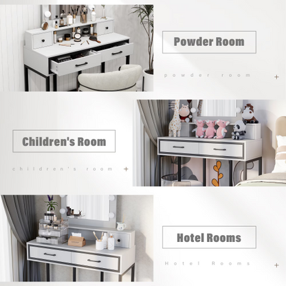 Brown Vanity Desk with Hollywood Mirror & Lights, 3 Color Dimmable 10 Brightness Levels, 4 Drawers, Large Dressing Table, White