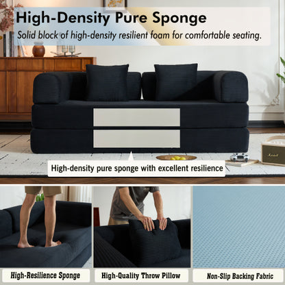 Corduroy Convertible Sleeper Sofa-Bed Fixed-Shape Metal-Frame Floor Lounge Couch with Cylindrical Pillow No-Assembly