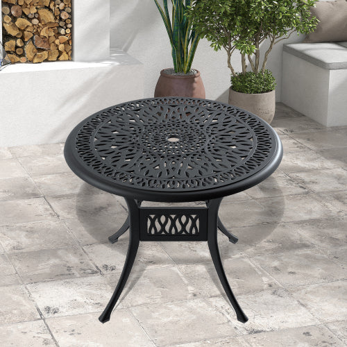35.43-inch Cast Aluminum Patio Dining Table With Black Frame and Umbrella Hole