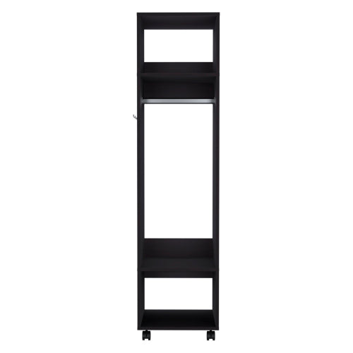 Armoire 63"H, with 3 Shelves, 1 Mirror, and 4 Wheels, Black