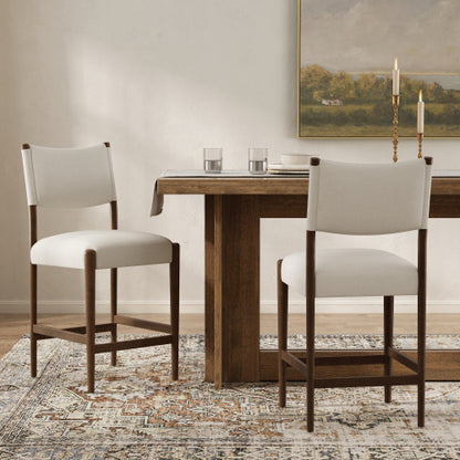 Set of 2 Walnut Beige 26.4inch  Counter Height Rubber Wood Bar Stools, Linen Upholstered Kitchen Island Chairs