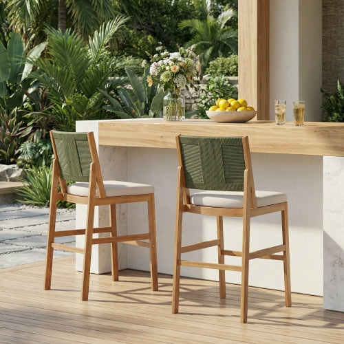 Outdoor Acacia Wood Bar Stools (Set of 2), Teak Finish Bar Height Chairs with Cream Cushion & Green Wicker Back, Counter Height Stools for Patio, Poolside, Kitchen Island