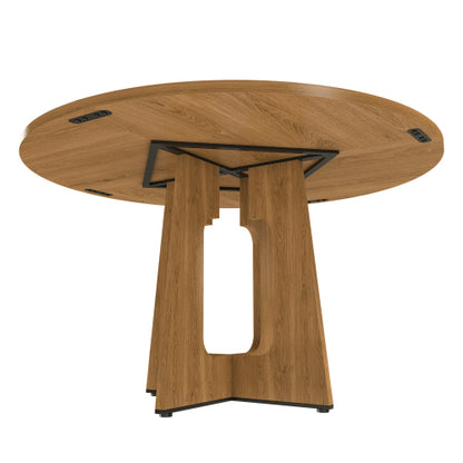 47 Inch Round Farmhouse Dining Table, Oak Finish