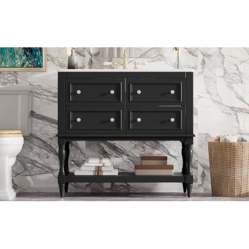 36" Bathroom Vanity Cabinet with Sink Combo Set, Undermount Ceramic Sink, Free Standing Vanity Set with 4 Drawers, Solid Wood Frame Bathroom Cabinet, Black