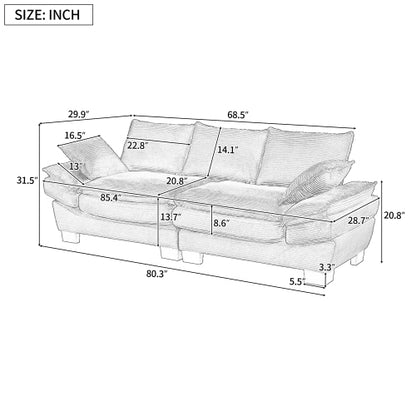 85.4 inch  U-Shape Modern Curved Corduroy Sofa with 2 Decor Throw Pillows