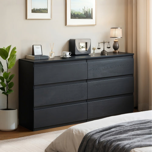 6 Drawer Black Dresser, Modern Bedroom Dresser with Spacious Countertop, Wood Storage Cabinet with Concealed Handles & 6 Deep Drawers for Bedroom, Living Room, Entryway, 15.7" D x 47.2" W x 30.9" H