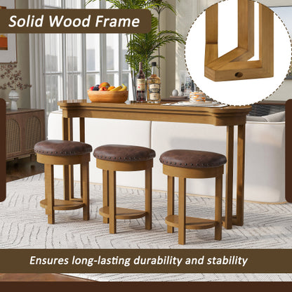 4 Piece Bar Table Set with3 PU Upholstered Bar Stools, Breakfast Table with 3 Padded Stools Solid Wood Counter Height Dining Table Set for Living Room, Dining Room. Natural