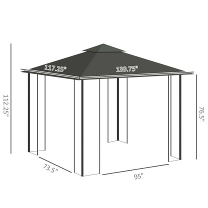 10' x 11.5' Metal Patio Gazebo, Double Roof Outdoor Gazebo Canopy Shelter with Tree Motifs Corner Frame and Netting, for Garden, Lawn, Backyard, and Deck, Gray