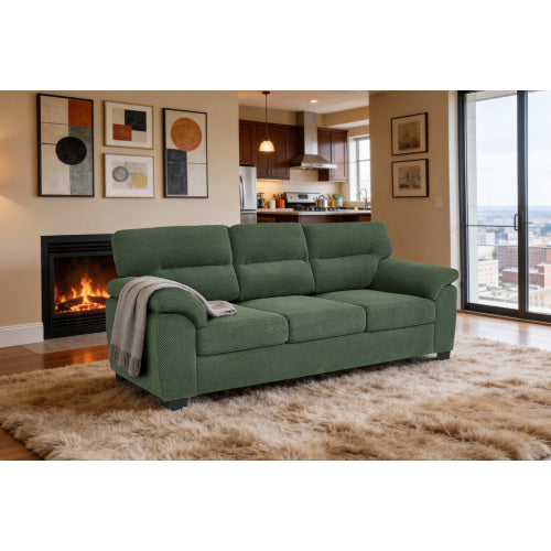 Green Modern 3-Seater Upholstered Sofa,Textured Fabric,Solid Wood Frame