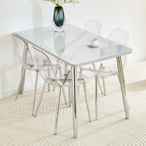 5-Piece Marble Glass Dining Set, Double-Layer Table & 4 Transparent Plastic Chairs with Silver Legs