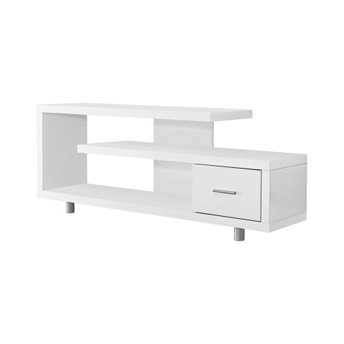 60 Inch Gloss White Art-Deco TV Stand with Right Storage Drawer & Triple Wide Tabletops