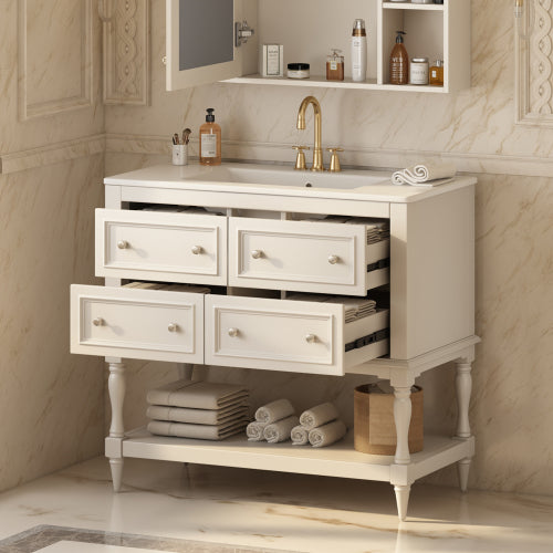 36" Bathroom Vanity Cabinet with Sink Combo Set, Undermount Ceramic Sink, Free Standing Vanity Set with 4 Drawers, Solid Wood Frame Bathroom Cabinet, Beige