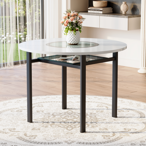 42-Inch Round Dining Table with Glass Inlay for 4-6 People