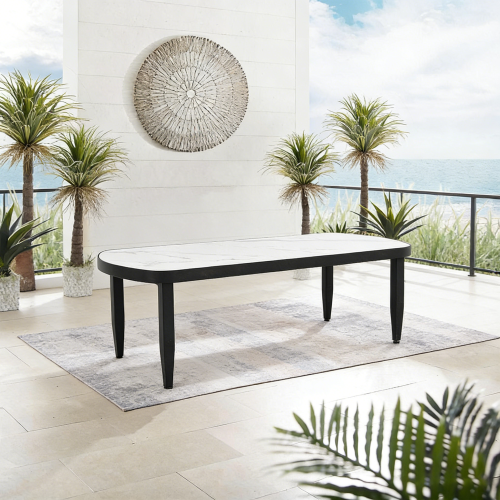 Modern Outdoor Elegance Arc 47.2''X23.6''Coffee Table with Greek White Marble-Inspired Sintered Stone Top,Aluminum Frame,Ember Black Finish,Post Tapered Legs & Rounded Corners,Weatherproof & Rust-Free
