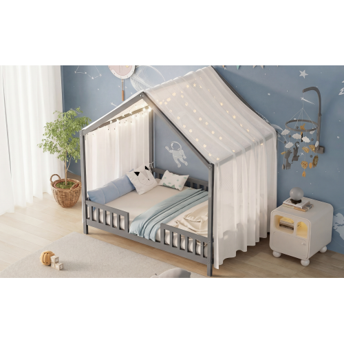 Montessori Floor Bed with Canopy, Full Bed Frame for Kids, House Shape Toddler Bed Frame with High Railings, Wood Kids Bed with Roof, Kid Full Bed, Grey