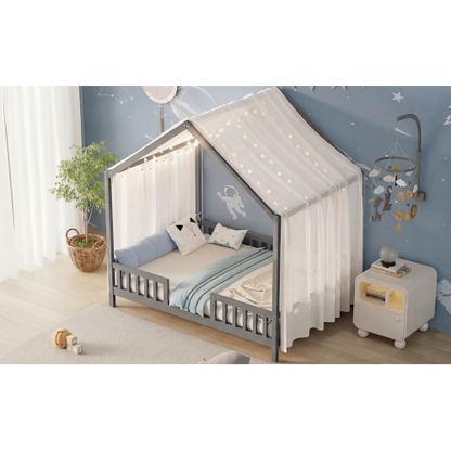 Montessori Floor Bed with Canopy, Full Bed Frame for Kids, House Shape Toddler Bed Frame with High Railings, Wood Kids Bed with Roof, Kid Full Bed, Grey