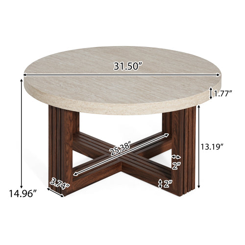 31.5inch  Round Coffee Table Marble Pattern Top Wood Grain Base Modern Accent