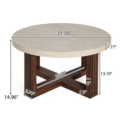 31.5inch  Round Coffee Table Marble Pattern Top Wood Grain Base Modern Accent