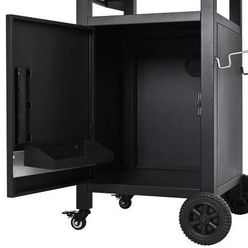 33.9 inch Outdoor Grill Cart with Drop Leaf, Outdoor Metal Bar Cart Pizza Oven Table with Wheels, Stainless Steel Top, Outdoor Kitchen Island with Storage Cabinet & Spice & Paper Rack for BBQ, Waterpr
