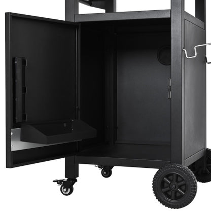 33.9 inch Outdoor Grill Cart with Drop Leaf, Outdoor Metal Bar Cart Pizza Oven Table with Wheels, Stainless Steel Top, Outdoor Kitchen Island with Storage Cabinet & Spice & Paper Rack for BBQ, Waterpr