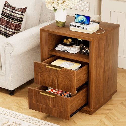 Walnut 2-Pack Nightstands with Charging Station