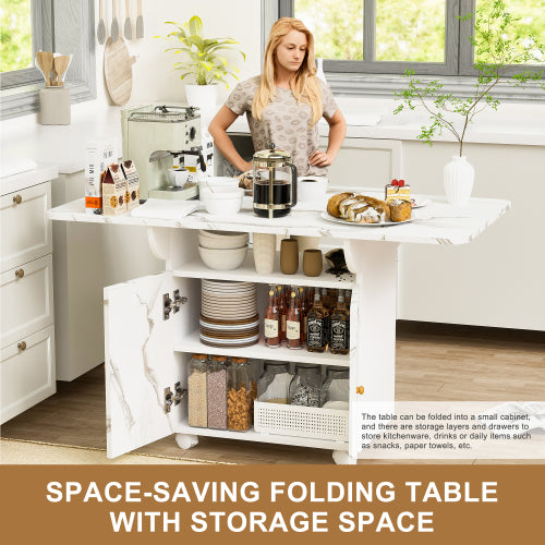 Folding Dining Table with Storage Cabinet Wheels and Marble Finish White