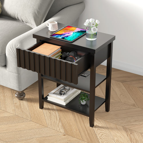 Black Fluted Nightstand Set of 2 with Charging Station, 20.1inchL*11.3inchW*25.3inchH
