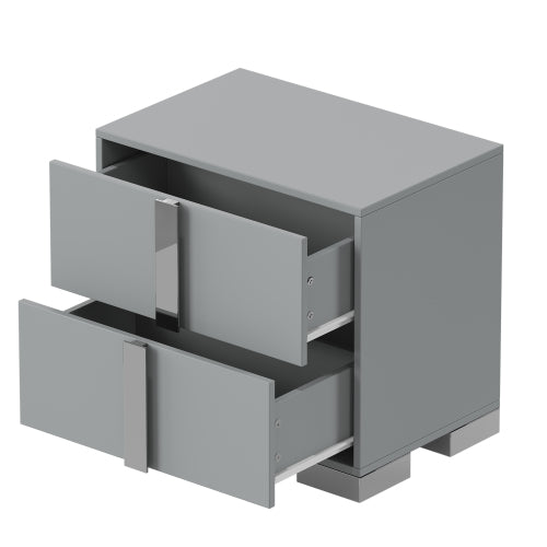 Modern End Table with Drawers, Elegant Nightstand with Metal Foot,Wood Bedside Table with Mirrored Metal Handles,Sofa Side End Table for Bedroom Living Room Office,Grey