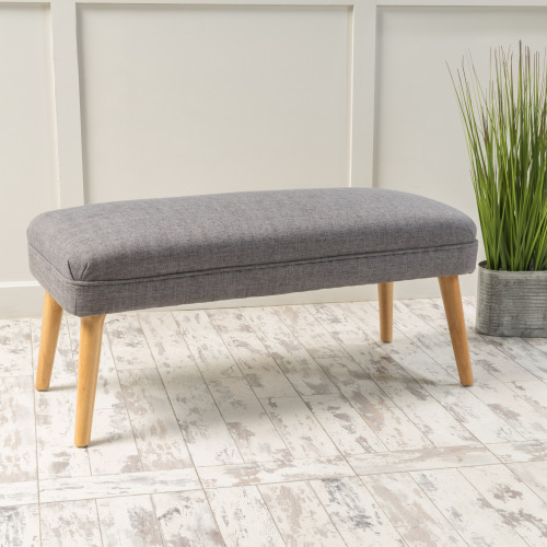 38 inch Linen Look Fabric Rectangular Ottoman Bench, Natural Rubberwood Leg Footstool for Living Room Bedroom