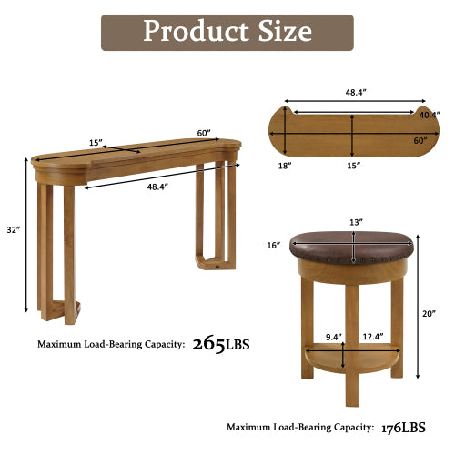4 Piece Bar Table Set with3 PU Upholstered Bar Stools, Breakfast Table with 3 Padded Stools Solid Wood Counter Height Dining Table Set for Living Room, Dining Room. Natural