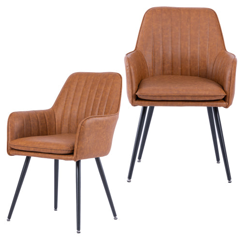 2-Piece Whisky Brown Faux Leather Mid-Back Dining Chairs, Metal Leg Upholstered Accent Chairs for Living & Reception Room