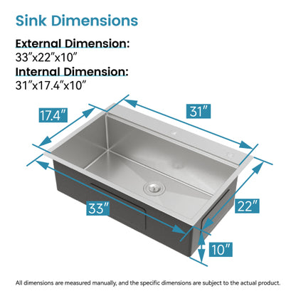 Stainless Steel Kitchen Sink, 33″x22″ Single Bowl, Overmount Handmade Sink in Brushed, with Cutting Board, Colander, SS-BR01D-332208